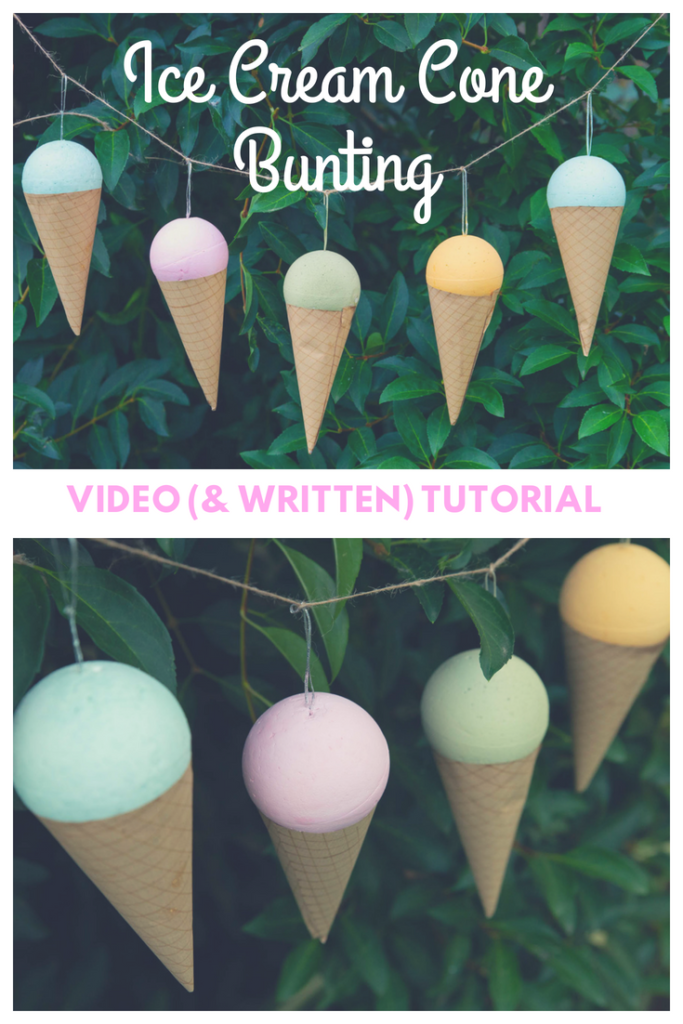 Easy tutorial for DIY icecream cone bunting using spray chalk paint and brown paper. Decoarte your garden for a summer party!
