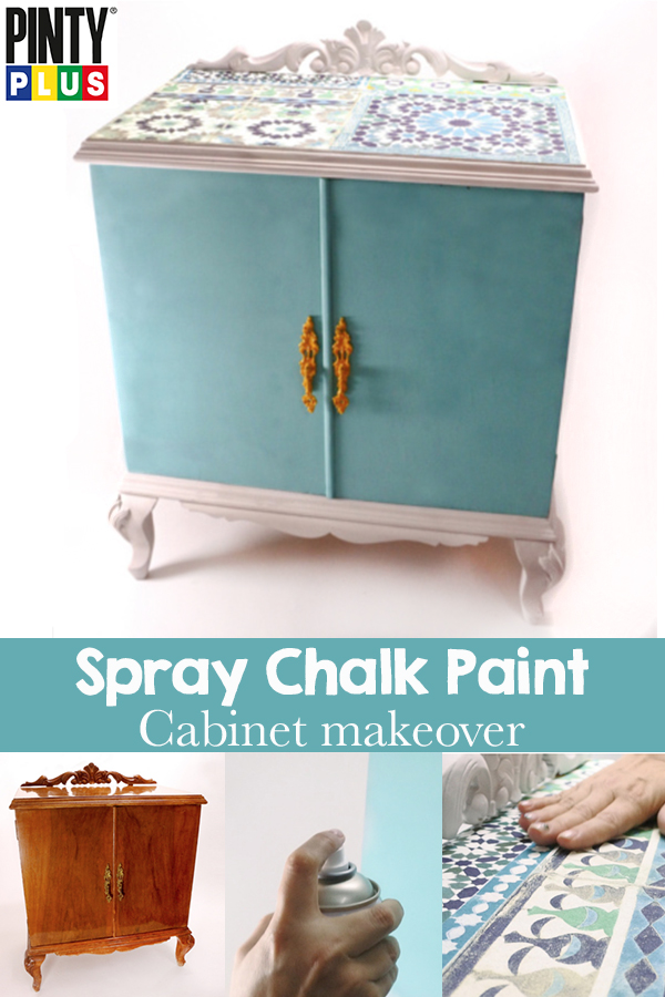 Before and after chalk paint furniture makeover. Step by step tutorial showing how to transform a cabinet with chalk paint. This project uses turquoise paint on a varnished wood surface.